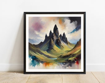 Original painting of the Old Man of Storr, Abstract Landscape Painting, Large Wall Art Prints, Wall Art