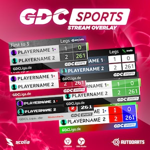 Może przedstawiać: Cyfrowa grafika nakładki strumienia z tekstem "GDC SPORTS STREAM OVERLAY" w kolorze białym i czerwonym. Grafika wyświetla nazwy graczy, wyniki i statystyki gry, z witryną "GDCLiga.de".