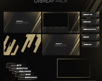 Animated Gold Black Streaming Overlay Package | 5 overlays, webcam frames, 23 panels, alerts, | OBS Studio, Streamlabs OBS, Twitch, etc