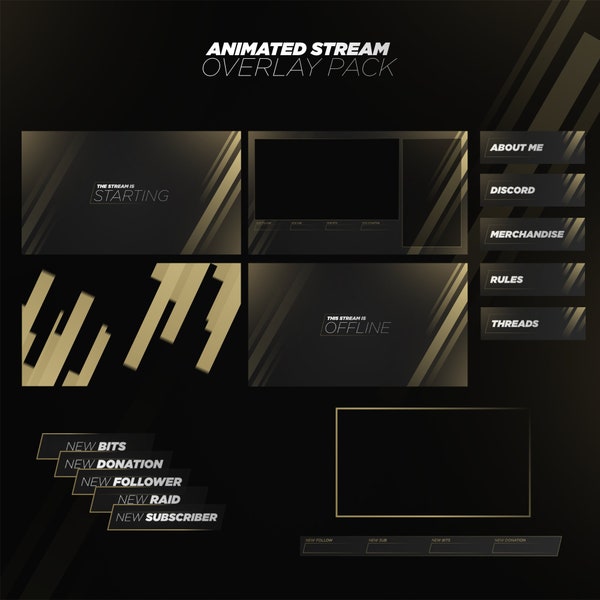 Animated Gold Black Streaming Overlay Package | 5 overlays, webcam frames, 23 panels, alerts, | OBS Studio, Streamlabs OBS, Twitch, etc