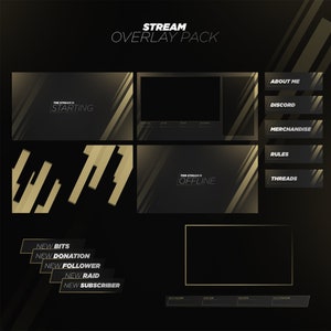 May include: A black and gold stream overlay pack with a variety of elements, including a starting screen, an offline screen, a chat box, and social media buttons. The text "STREAM OVERLAY PACK" is at the top of the image.