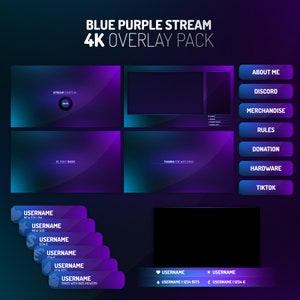 Può includere: Un pacchetto di overlay di streaming blu e viola per Twitch o YouTube. Il pacchetto include una varietà di elementi, come un timer di conto alla rovescia, una chat box, una barra di donazioni e un pannello di social media. L'overlay è progettato per essere utilizzato con uno schermo a risoluzione 4K.