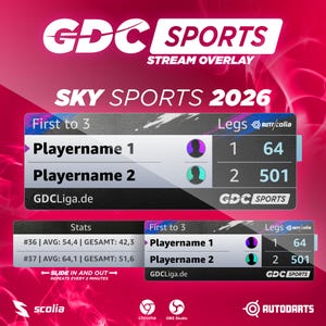 Op de afbeelding: Een digitale sportstream-overlay met de tekst "GDC SPORTS" en "SKY SPORTS 2026". Het toont namen van spelers, scores en statistieken. Het ontwerp heeft een rood-wit kleurenschema met logo's voor "scolia", "chrome", "OBS Studio" en "AUTODARTS".