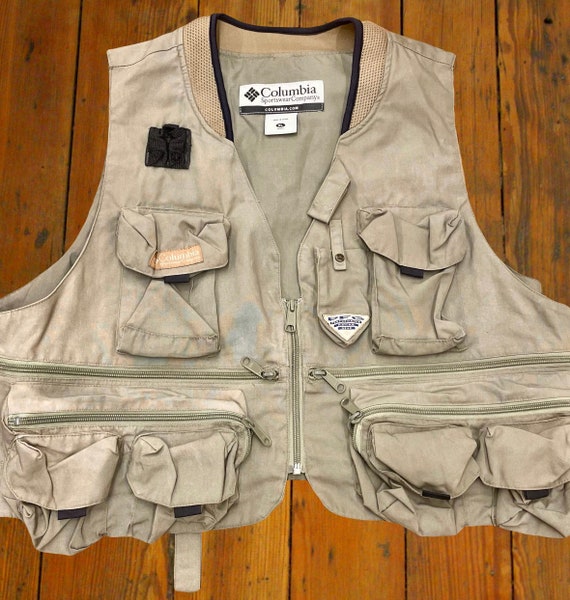 90s Streetwear Mens Large Faded Tactical Fly Fishing Full Zip Vest Olive, Vintage Fishing Vest, 1990s Tactical Fly Fishing Vest, Mens Vest