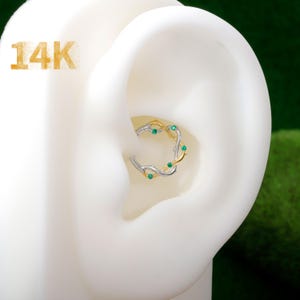 14K Gold & White Gold Daith Earring | Twisted Botanical Septum Hoop | Nature-Inspired Cartilage Jewelry | Helix, Tragus, Conch Piercing Ring