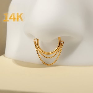 14K Septum Ring Solid Gold with Double Chain, Gold Septum Hinged Clicker Hoop, Cartilage Hoop Tragus Helix Daith Rook Conch Ring 16G 8/10mm