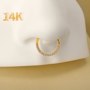 Clicker de septum articulé en or massif 14 carats, anneau de piercing de septum avant CZ, bijoux de septum en or véritable 16G, anneau de nez en or 8 mm 10 mm, anneau de septum