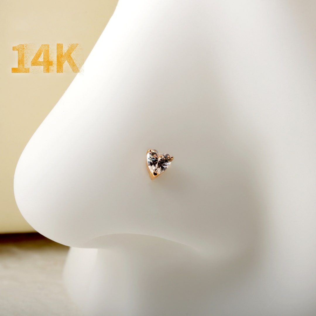 14K Gold Heart Nose Stud, 20G Nose Ring, 0.8mm Nose Piercing Jewelry, Tiny CZ Nose L-shaped Stud, Nose Ring, Nostril Piercing, Nose Jewelry - Etsy Japan