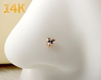 14K Gold Heart Nose Stud, 20G Nose Ring, 0.8mm Nose Piercing Jewelry, Tiny CZ Nose L-shaped Stud, Nose Ring, Nostril Piercing, Nose Jewelry