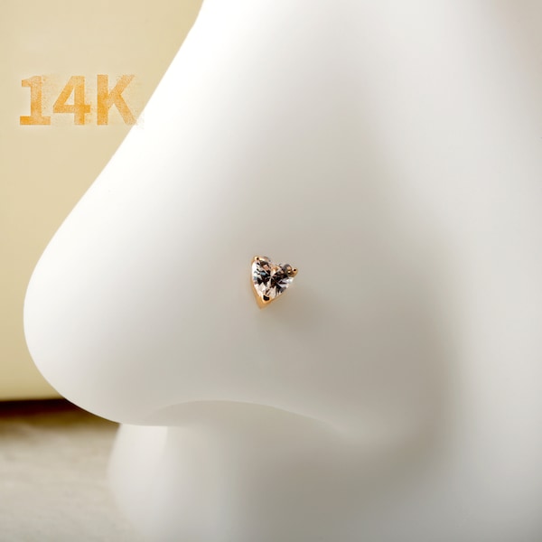 14K Gold Heart Nose Stud, 20G Nose Ring, 0.8mm Nose Piercing Jewelry, Tiny CZ Nose L-shaped Stud, Nose Ring, Nostril Piercing, Nose Jewelry