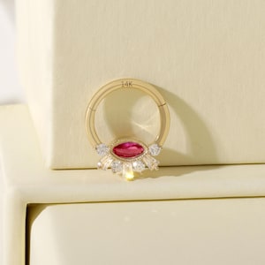 14K Solid Gold Septum Clicker, Ruby Hinged Septum Hoop, Daith Hoop Earring, Gold Septum Ring, Tragus Helix ring Conch Hoop Earring