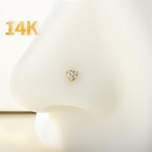 14KゴールドCZハートノーズスタッド、20Gノーズピアス、0.8mmノーズピアスジュエリー、小さなCZノーズL字スタッド、ノーズリング、ノーズピアス、ノーズジュエリー