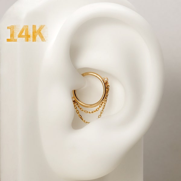 14K Daith Earring Hoop, Double Chain Hinged Daith Ring Solid Gold, Gold Cartilage Earring Ring, Minimalist Daith Clicker Hoop, 16G 8/10mm