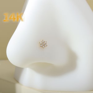 14K Gold Tiny Flower Nose Stud, 20G Nose Piercing, 0.8mm Nose Piercing Jewelry, CZ Nose L-shaped Stud, Nose Ring, Nostril Ring,Nose Jewelry