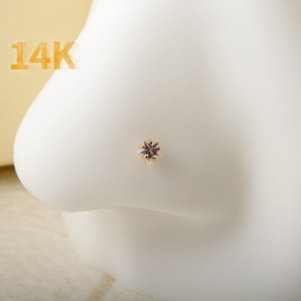 14K Gold Star Nose Stud, 20G Nose Ring, 0.8mm Nose Piercing Jewelry, Tiny CZ Nose L-shaped Stud, Nose Ring, Nostril Piercing, Nose Jewelry