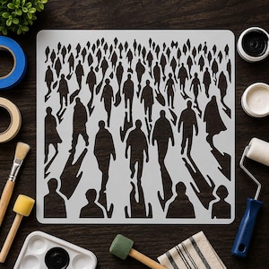 May include: A square white stencil featuring a repeating pattern of numerous human silhouettes in various sizes, creating a perspective effect of a crowd walking forward. The cut-out shapes show figures with distinct outlines and cast shadows.