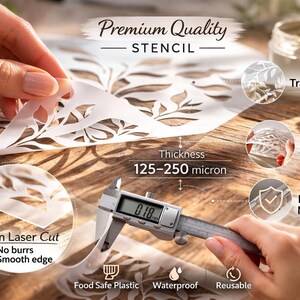 The image is an advertisement for a premium quality stencil, highlighting its features such as a clean laser cut, no burrs, a smooth edge, a thickness of 125-250 micron, flexibility, durability, and food safety.