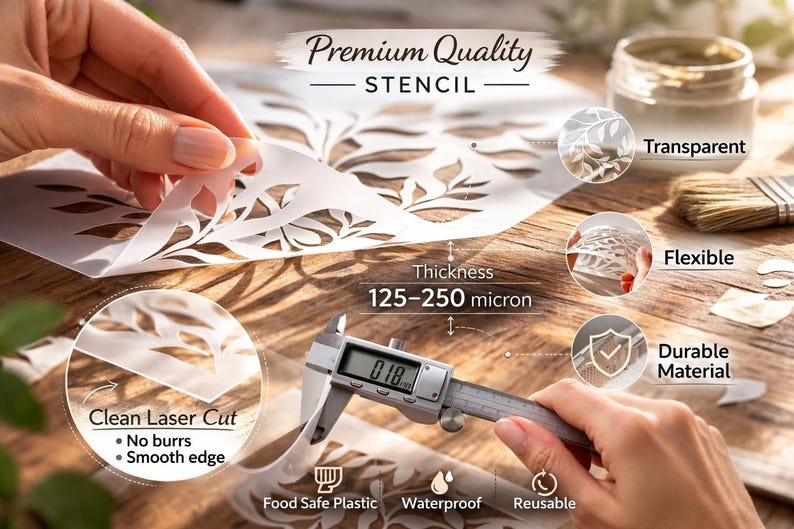 The image is an advertisement for a premium quality stencil, highlighting its features such as a clean laser cut, no burrs, a smooth edge, a thickness of 125-250 micron, flexibility, durability, and food safety.