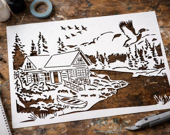 Lake Cabin Stencil, Rustic Forest, Flying Ducks, DIY Wall Art