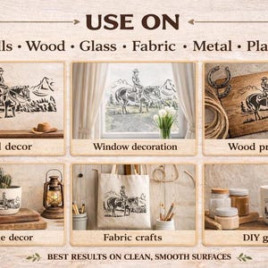 The image is a collage of six images showcasing various uses for the cowboy motif, including wall decor, window decoration, wood projects, home decor, fabric crafts, and DIY gifts.