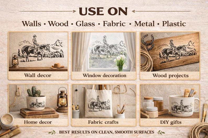 The image is a collage of six images showcasing various uses for the cowboy motif, including wall decor, window decoration, wood projects, home decor, fabric crafts, and DIY gifts.
