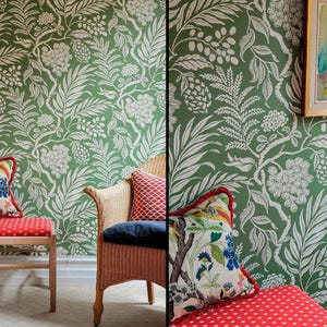 The image is a collage of two photos. The left photo shows a red and white polka dot bench, a wooden chair with a blue cushion, and a green floral wallpaper. The right photo shows a framed painting of flowers on the wall, a red and white polka dot cushion, and a wooden chair with a blue cushion.