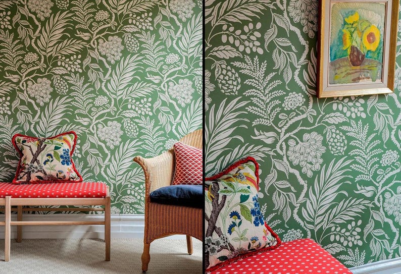 The image is a collage of two photos. The left photo shows a red and white polka dot bench, a wooden chair with a blue cushion, and a green floral wallpaper. The right photo shows a framed painting of flowers on the wall, a red and white polka dot cushion, and a wooden chair with a blue cushion.