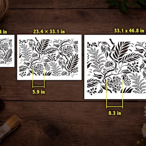 three different sizes of a black and white floral pattern, each with a corresponding measurement in inches.