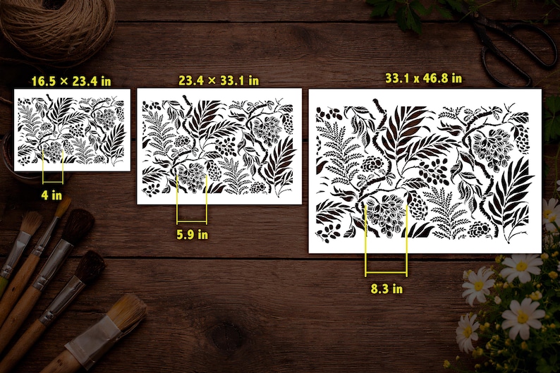 three different sizes of a black and white floral pattern, each with a corresponding measurement in inches.