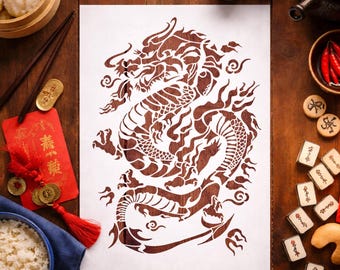 Chinese Dragon Stencil, Asian Japanese Style Wall Art, Reusable Mylar Decor