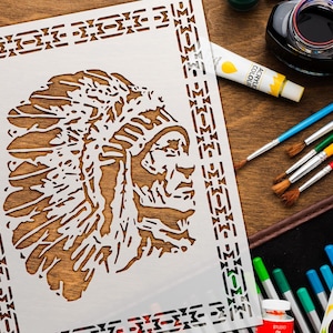 Wolf and Chief Stencil: Native Tribal Design (Reusable, Multi-Surface)