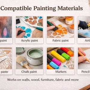 The image is a collage of six different painting materials, including spray paint, acrylic paint, fabric paint, airbrush, texture paste, chalk paint, markers, and pencil tracing.