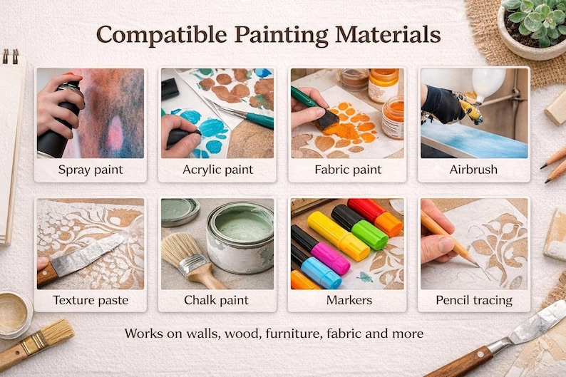 The image is a collage of six different painting materials, including spray paint, acrylic paint, fabric paint, airbrush, texture paste, chalk paint, markers, and pencil tracing.