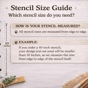 The image is a guide to stencil sizes, providing information on how to measure a stencil and the corresponding example size for a 10-inch stencil.