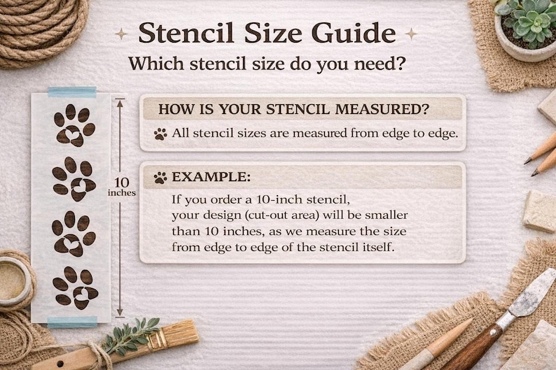 The image is a guide to stencil sizes, providing information on how to measure a stencil and the corresponding example size for a 10-inch stencil.