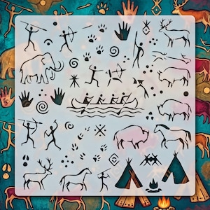 May include: A square stencil featuring black line art designs of prehistoric cave paintings, including figures of hunters, a canoe with rowers, various animals like mammoths, deer, and bison, handprints, paw prints, spirals, and teepees.
