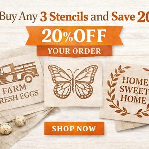 The image is an advertisement for a sale on farm-related items, including farm eggs, a truck, and a butterfly. The text on the image indicates that customers can buy any 3 items and save 20% on their order.