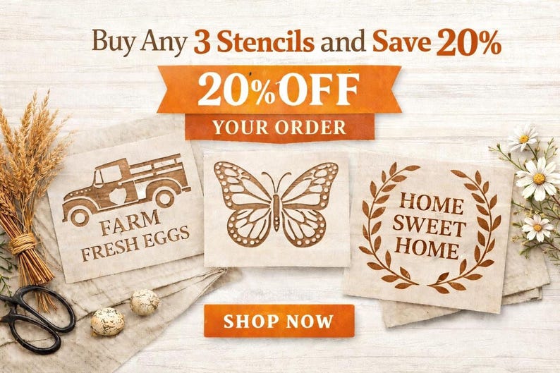 The image is an advertisement for a sale on farm-related items, including farm eggs, a truck, and a butterfly. The text on the image indicates that customers can buy any 3 items and save 20% on their order.