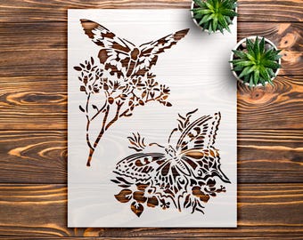 Intricate Butterfly and Floral Design Stencil for Art and Craft Projects