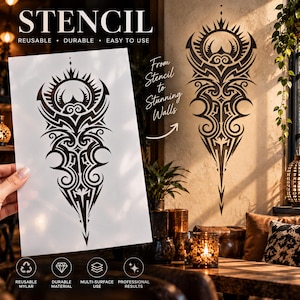 Tribal Ornament Stencil for Painting, Symmetrical Wall Decor, Boho Tattoo Pattern, Geometric Art, Large Stencil