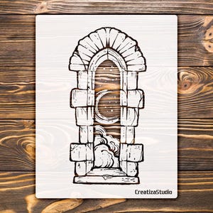 Arched Window Stonework Stencil, Night Sky Architectural Design (12x18 in)