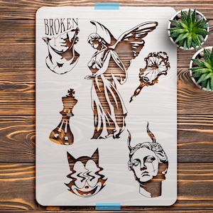 Broken Angel Devil Stencil Sheet – Reusable Mylar Template with Surreal Gothic Art Elements