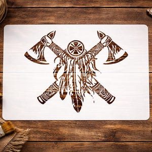 Native American Crossed Tomahawks Stencil, Tribal Warrior Axe Wall Art Template for DIY Painting, Rustic Cabin Lodge Decor