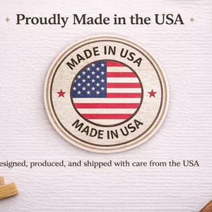 a circular "Made in USA" stamp with an American flag design, surrounded by various craft supplies and a notebook, along with the text "Proudly Made in the USA" and "Designed, produced, and shipped with care from the USA".