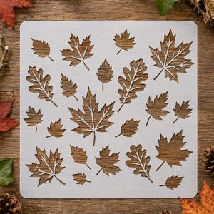 May include: A square, semi-transparent stencil featuring a variety of cut-out leaf shapes, including maple and oak leaves. The design displays multiple sizes of foliage silhouettes arranged across the surface, allowing for detailed patterns.