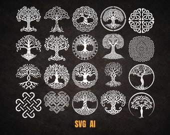 May include: A collection of twenty white graphic illustrations arranged in a grid on a dark background, featuring various tree of life designs, intricate Celtic knots, and circular patterns. The text SVG AI is printed in orange at the bottom.