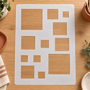 May include: A rectangular white plastic stencil sheet featuring a variety of square cutouts in different sizes arranged across the surface. The stencil has rounded corners and a smooth, flat finish, designed for tracing or painting square shapes.