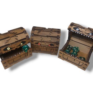 Coffre à dés Mimic | Boîte à dés en bois | Rangement de dés D&D | Cadeau pour les fans de RPG fantastiques