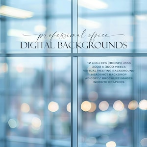 Könnte beinhalten: 12 hochauflösende (300 DPI) JPG-Bilder von professionellen Bürohintergründen. Jedes Bild ist 3000 x 3000 Pixel groß und kann für virtuelle Meetings, Porträts, Broschüren und Website-Grafiken verwendet werden.