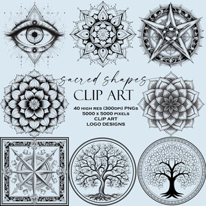 May include: A set of black and white sacred geometry clip art images. The images include a stylized eye, a mandala, a pentagram, a flower, a compass rose, and two tree of life designs.
